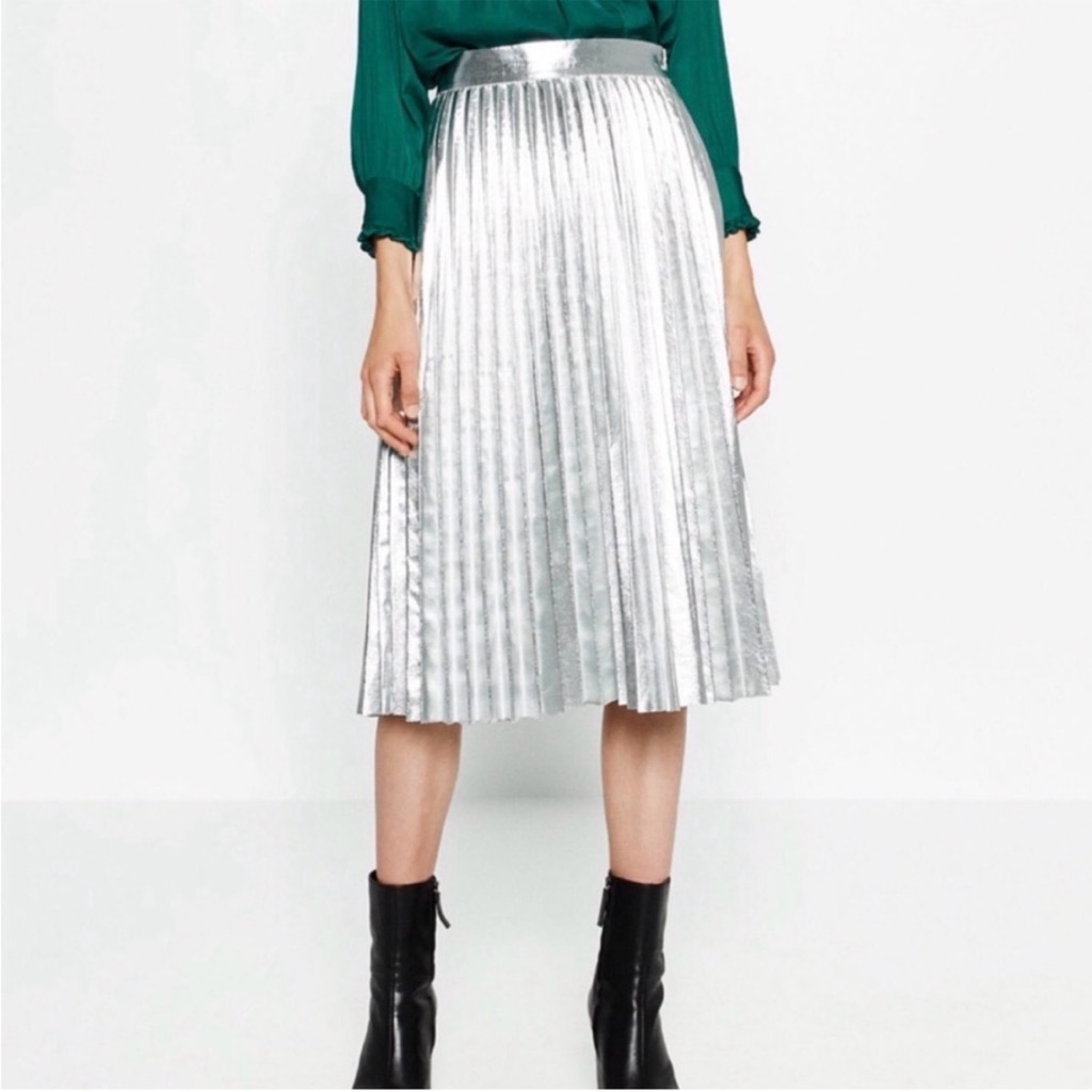 Zara Silver Faux Leather Metallic Pleated Midi Skirt